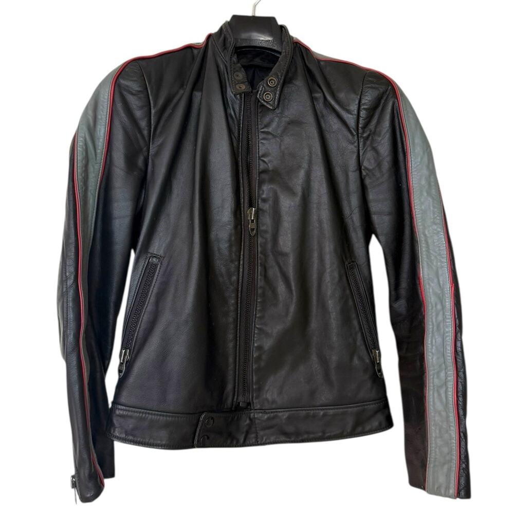 1970s Harley Davidson AMF Black Leather Jacket‎ Sz 36 Red Pinstripe Racing Biker